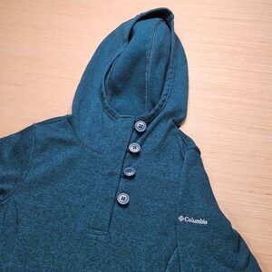 Columbia Women Hooded Darling Days Teal Heathered Fleece Pullover Button Size S